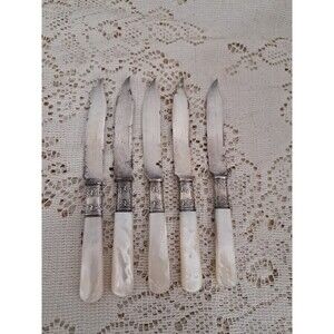 Vtg Lot (5) Landers Frary Clark Mother Pearl Sterling Banded Handle Fruit Knives